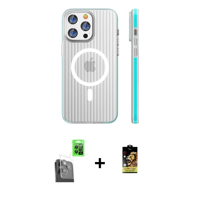 MARSİLYAN™- iPhone 16 Pro Max Kılıf Pusula Minimal Koleksiyonu - Siyah Buffer Cam Ekran Koruyucu + Raze Metal Kamera Lens - SH