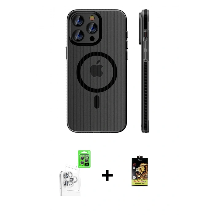 MARSİLYAN™- iPhone 16 Pro Max Kılıf Pusula Minimal Koleksiyonu - Siyah Buffer Cam Ekran Koruyucu + Raze Metal Kamera Lens - BZ