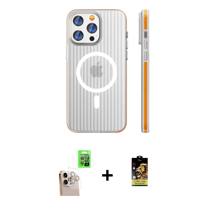 MARSİLYAN™- iPhone 16 Pro Max Kılıf Pusula Minimal Koleksiyonu - Siyah Buffer Cam Ekran Koruyucu + Raze Metal Kamera Lens - NLGY