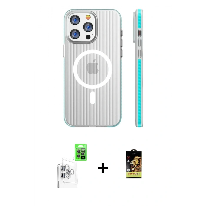 MARSİLYAN™- iPhone 16 Pro Max Kılıf Pusula Minimal Koleksiyonu - Siyah Buffer Cam Ekran Koruyucu + Raze Metal Kamera Lens - BZ