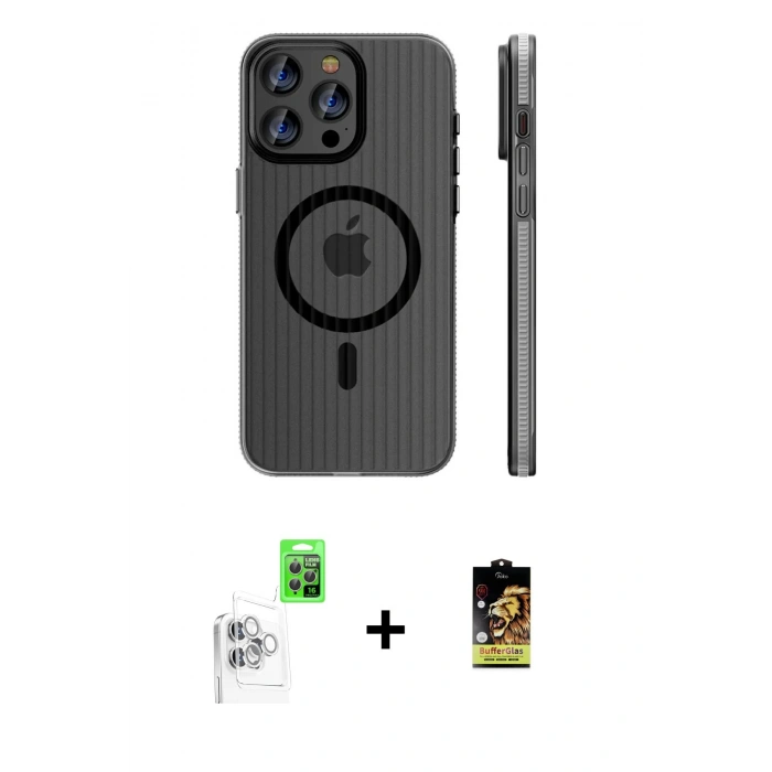 MARSİLYAN™- iPhone 16 Pro Max Kılıf Pusula Minimal Koleksiyonu - Siyah Buffer Cam Ekran Koruyucu + Raze Metal Kamera Lens - BZ
