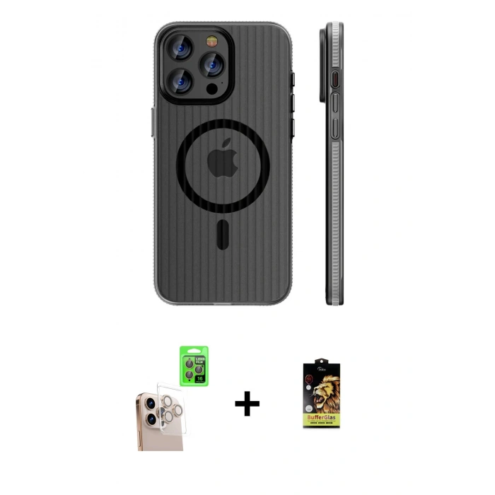 MARSİLYAN™- iPhone 16 Pro Max Kılıf Pusula Minimal Koleksiyonu - Siyah Buffer Cam Ekran Koruyucu + Raze Metal Kamera Lens - NLGY