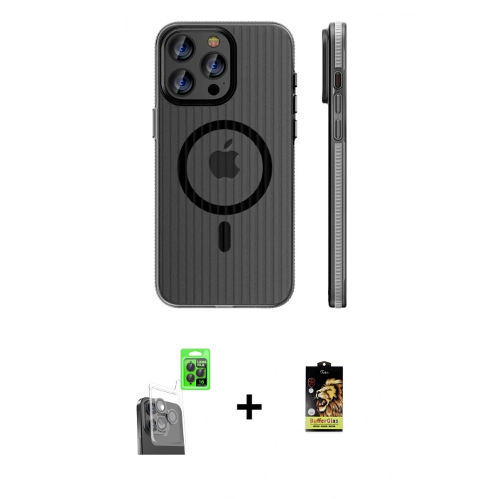 MARSİLYAN™- iPhone 16 Pro Max Kılıf Pusula Minimal Koleksiyonu - Siyah Buffer Cam Ekran Koruyucu + Raze Metal Kamera Lens - SH