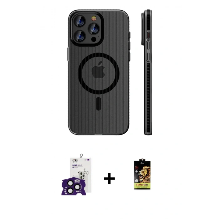 MARSİLYAN™- iPhone 16 Pro Max Kılıf Pusula Minimal Koleksiyonu - Siyah Buffer Cam Ekran Koruyucu + Siyah Bilvis Titan Kamera Lens