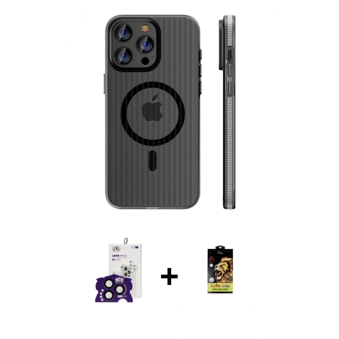 MARSİLYAN™- iPhone 16 Pro Max Kılıf Pusula Minimal Koleksiyonu - Siyah Buffer Cam Ekran Koruyucu + Siyah Bilvis Titan Kamera Lens