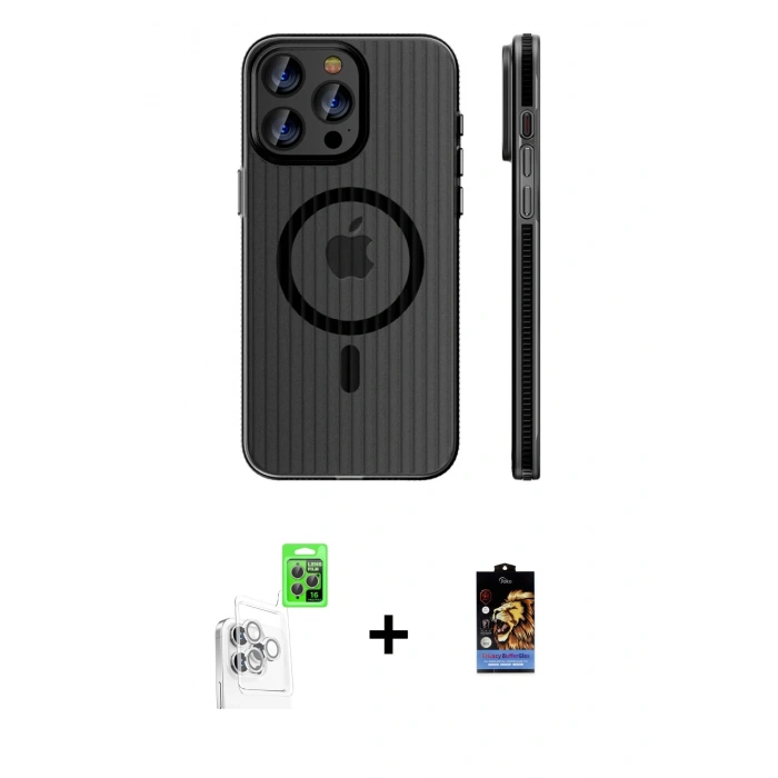 MARSİLYAN™- iPhone 16 Pro Max Kılıf Pusula Minimal Koleksiyonu - Siyah Buffer Hayalet Cam Ekran Koruyucu + Raze Metal Kamera Lens - BZ