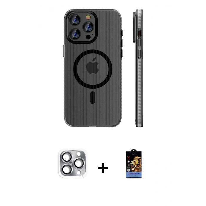 MARSİLYAN™- iPhone 16 Pro Max Kılıf Pusula Minimal Koleksiyonu - Siyah Buffer Hayalet Cam Ekran Koruyucu + Pers Alüminyum Kamera Lens - GI