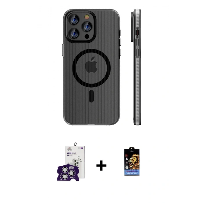 MARSİLYAN™- iPhone 16 Pro Max Kılıf Pusula Minimal Koleksiyonu - Siyah Buffer Hayalet Cam Ekran Koruyucu + Gümüş Bilvis Titan Kamera Lens