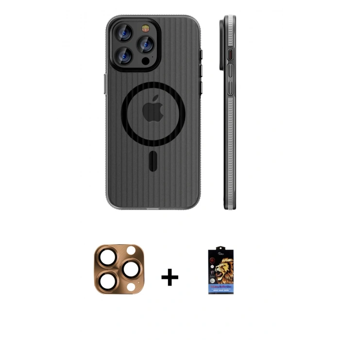 MARSİLYAN™- iPhone 16 Pro Max Kılıf Pusula Minimal Koleksiyonu - Siyah Buffer Hayalet Cam Ekran Koruyucu + Pers Alüminyum Kamera Lens - CLTM