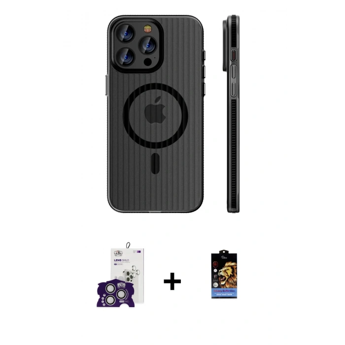 MARSİLYAN™- iPhone 16 Pro Max Kılıf Pusula Minimal Koleksiyonu - Siyah Buffer Hayalet Cam Ekran Koruyucu + Gümüş Bilvis Titan Kamera Lens