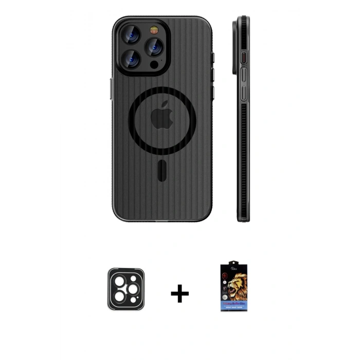 MARSİLYAN™- iPhone 16 Pro Max Kılıf Pusula Minimal Koleksiyonu - Siyah Buffer Hayalet Cam Ekran Koruyucu + PVD Metal Kamera Lens - SH