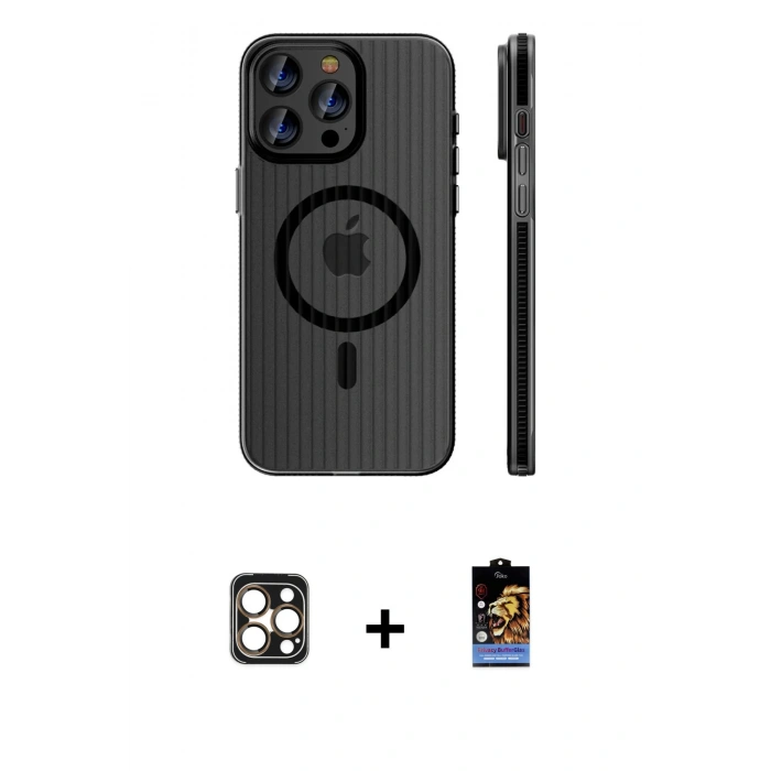 MARSİLYAN™- iPhone 16 Pro Max Kılıf Pusula Minimal Koleksiyonu - Siyah Buffer Hayalet Cam Ekran Koruyucu + PVD Metal Kamera Lens - GD