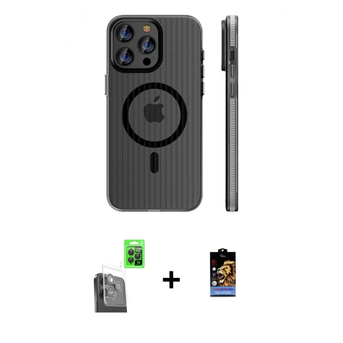 MARSİLYAN™- iPhone 16 Pro Max Kılıf Pusula Minimal Koleksiyonu - Siyah Buffer Hayalet Cam Ekran Koruyucu + Raze Metal Kamera Lens - SH