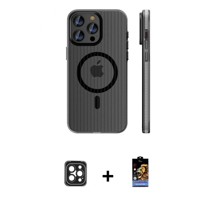MARSİLYAN™- iPhone 16 Pro Max Kılıf Pusula Minimal Koleksiyonu - Siyah Buffer Hayalet Cam Ekran Koruyucu + PVD Metal Kamera Lens - SH