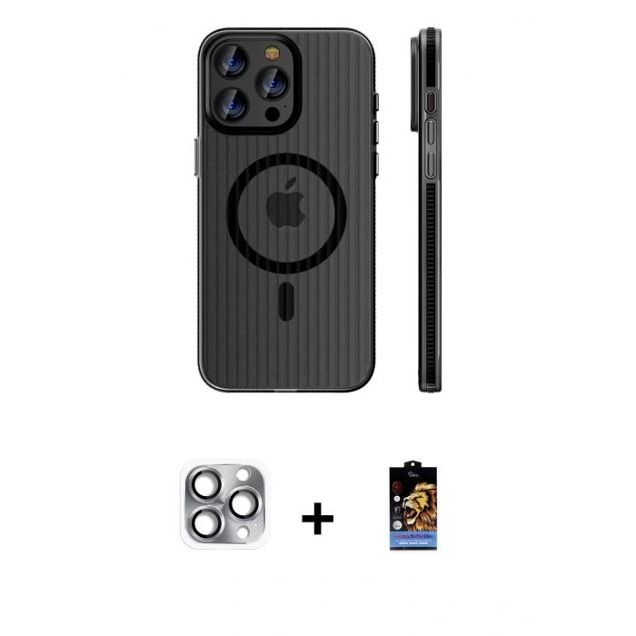 MARSİLYAN™- iPhone 16 Pro Max Kılıf Pusula Minimal Koleksiyonu - Siyah Buffer Hayalet Cam Ekran Koruyucu + Pers Alüminyum Kamera Lens - GI