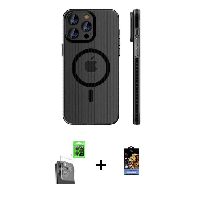 MARSİLYAN™- iPhone 16 Pro Max Kılıf Pusula Minimal Koleksiyonu - Siyah Buffer Hayalet Cam Ekran Koruyucu + Raze Metal Kamera Lens - SH