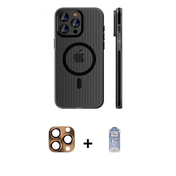 MARSİLYAN™- iPhone 16 Pro Max Kılıf Pusula Minimal Koleksiyonu - Siyah Joko Magic 5D Cam + Pers Alüminyum Kamera Lens - CLTM