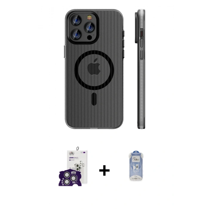 MARSİLYAN™- iPhone 16 Pro Max Kılıf Pusula Minimal Koleksiyonu - Siyah Joko Magic 5D Cam + Gümüş Bilvis Titan Kamera Lens