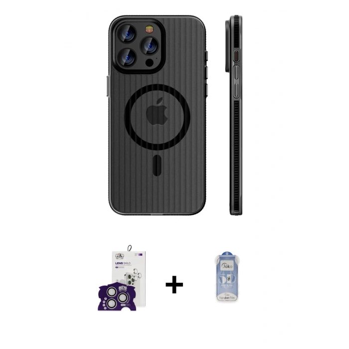 MARSİLYAN™- iPhone 16 Pro Max Kılıf Pusula Minimal Koleksiyonu - Siyah Joko Magic 5D Cam + Gümüş Bilvis Titan Kamera Lens