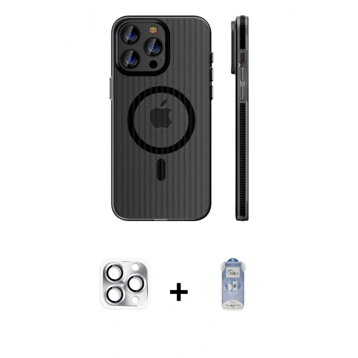 MARSİLYAN™- iPhone 16 Pro Max Kılıf Pusula Minimal Koleksiyonu - Siyah Joko Magic 5D Cam + Pers Alüminyum Kamera Lens - GS