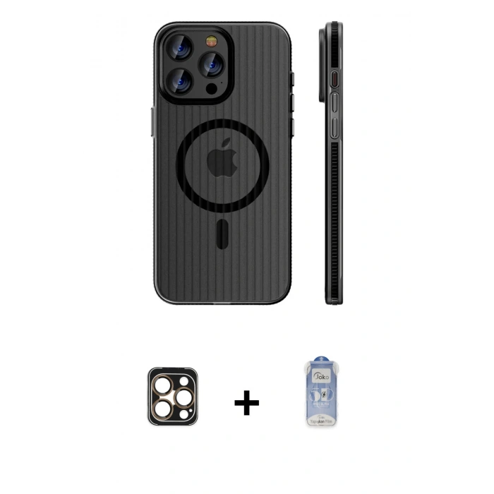 MARSİLYAN™- iPhone 16 Pro Max Kılıf Pusula Minimal Koleksiyonu - Siyah Joko Magic 5D Cam + PVD Metal Kamera Lens - GD