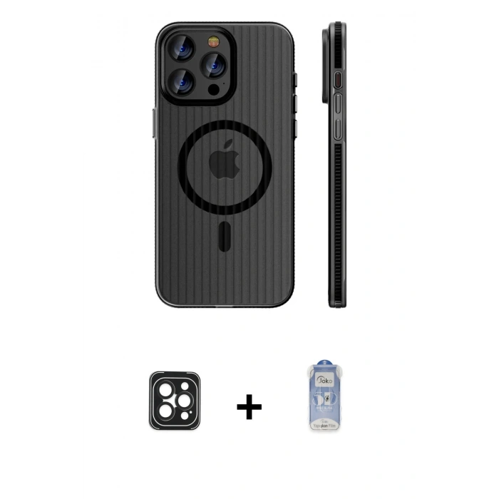 MARSİLYAN™- iPhone 16 Pro Max Kılıf Pusula Minimal Koleksiyonu - Siyah Joko Magic 5D Cam + Siyah PVD Metal Kamera Lens