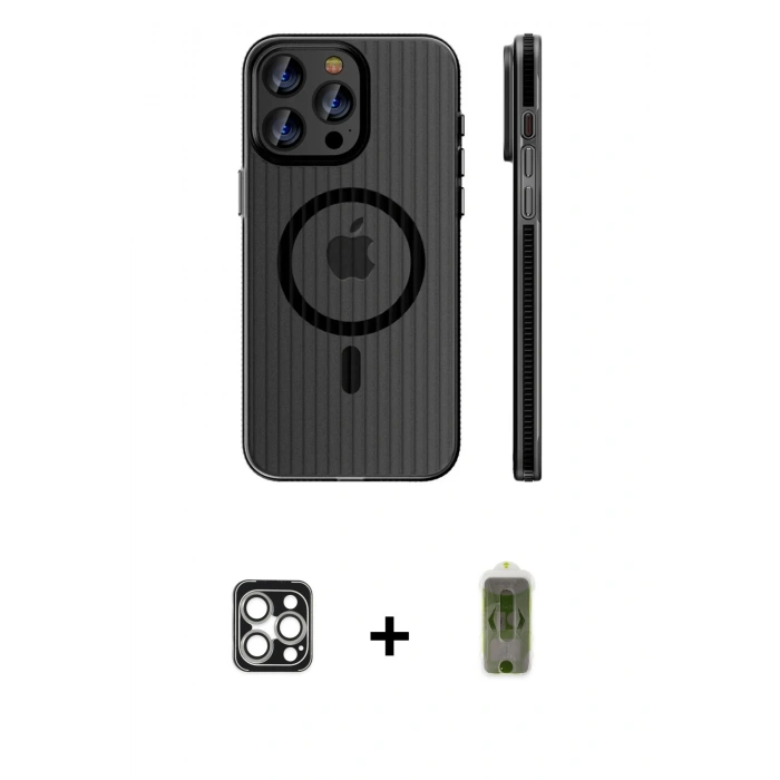 MARSİLYAN™- iPhone 16 Pro Max Kılıf Pusula Minimal Koleksiyonu - Siyah Joko Magic 5D Hayalet Cam + PVD Metal Kamera Lens - GS
