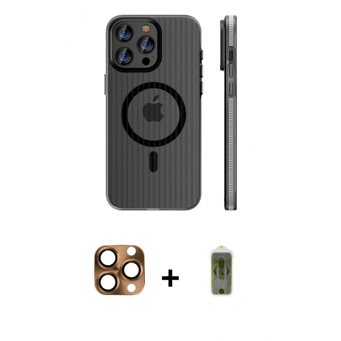 MARSİLYAN™- iPhone 16 Pro Max Kılıf Pusula Minimal Koleksiyonu - Siyah Joko Magic 5D Hayalet Cam + Pers Alüminyum Kamera Lens - CLTM
