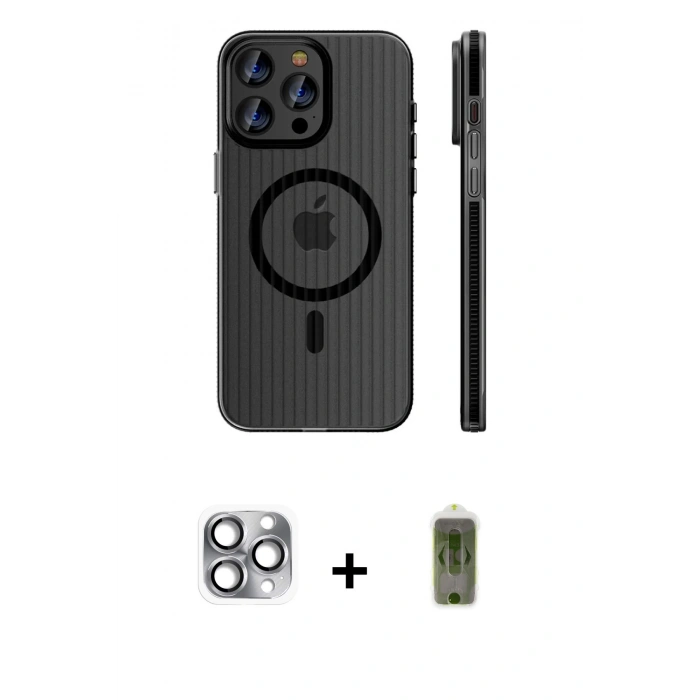 MARSİLYAN™- iPhone 16 Pro Max Kılıf Pusula Minimal Koleksiyonu - Siyah Joko Magic 5D Hayalet Cam + Pers Alüminyum Kamera Lens - GI