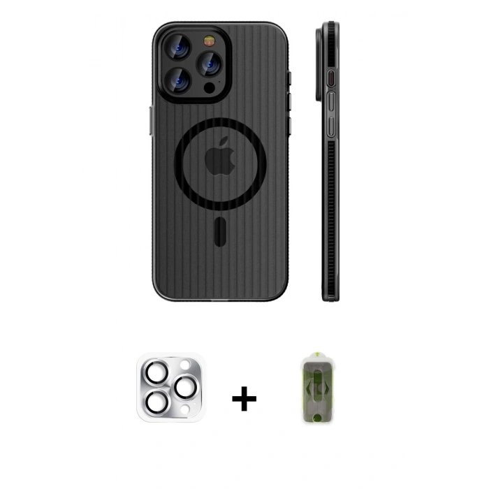 MARSİLYAN™- iPhone 16 Pro Max Kılıf Pusula Minimal Koleksiyonu - Siyah Joko Magic 5D Hayalet Cam + Pers Alüminyum Kamera Lens - GS