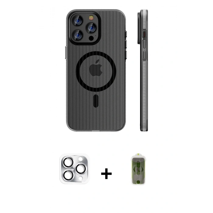 MARSİLYAN™- iPhone 16 Pro Max Kılıf Pusula Minimal Koleksiyonu - Siyah Joko Magic 5D Hayalet Cam + Pers Alüminyum Kamera Lens - GS