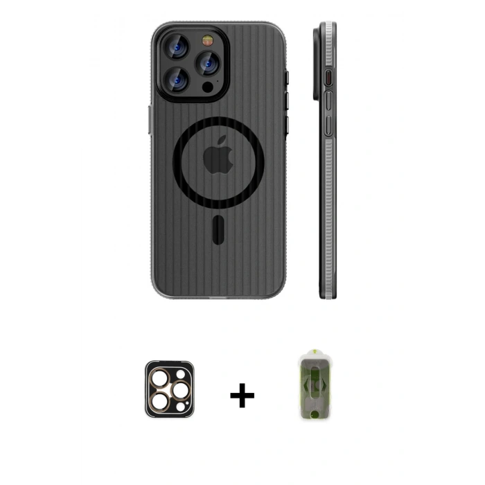 MARSİLYAN™- iPhone 16 Pro Max Kılıf Pusula Minimal Koleksiyonu - Siyah Joko Magic 5D Hayalet Cam + PVD Metal Kamera Lens - GD
