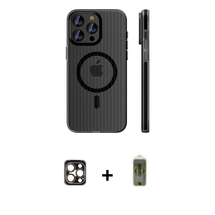 MARSİLYAN™- iPhone 16 Pro Max Kılıf Pusula Minimal Koleksiyonu - Siyah Joko Magic 5D Hayalet Cam + PVD Metal Kamera Lens - GD