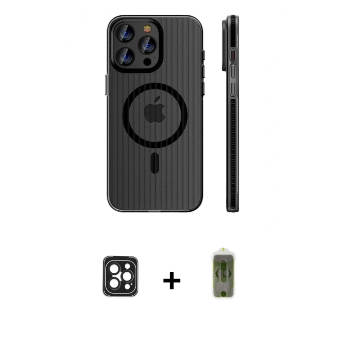 MARSİLYAN™- iPhone 16 Pro Max Kılıf Pusula Minimal Koleksiyonu - Siyah Joko Magic 5D Hayalet Cam + PVD Metal Kamera Lens - SH