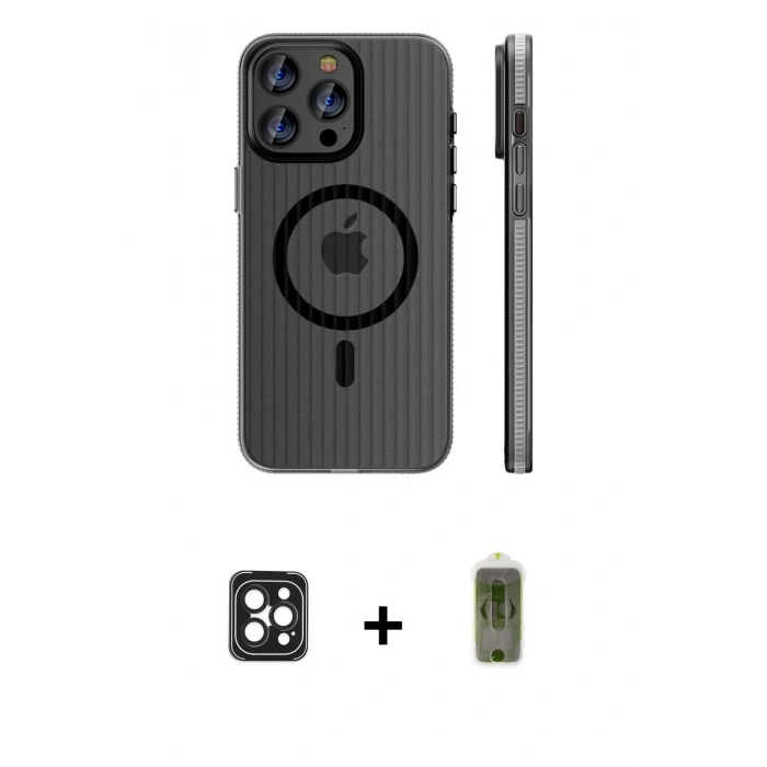 MARSİLYAN™- iPhone 16 Pro Max Kılıf Pusula Minimal Koleksiyonu - Siyah Joko Magic 5D Hayalet Cam + PVD Metal Kamera Lens - SH