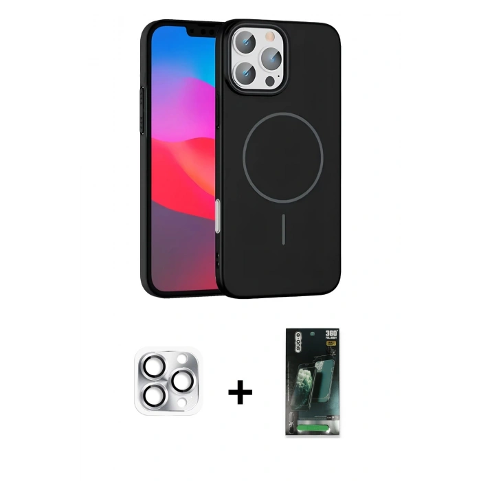 MARSİLYAN™- iPhone 16 Pro Max Kılıf Siluet Doku Özel Seri - Siyah 360 Mat Full Body Arka Koruyucu + Pers Alüminyum Kamera Lens - GS