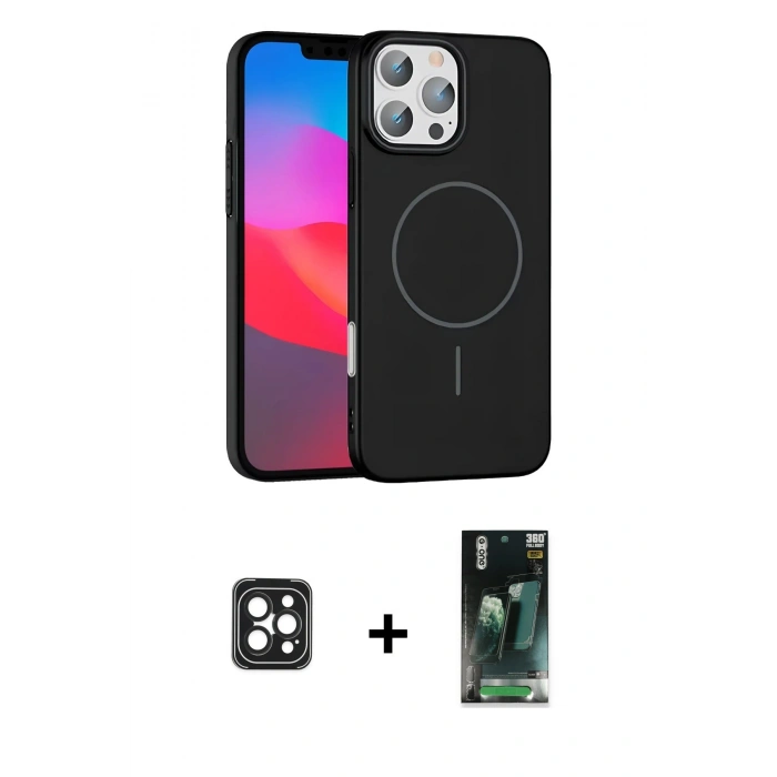 MARSİLYAN™- iPhone 16 Pro Max Kılıf Siluet Doku Özel Seri - Siyah 360 Mat Full Body Arka Koruyucu + PVD Metal Kamera Lens - SH