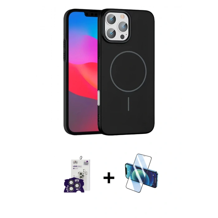 MARSİLYAN™- iPhone 16 Pro Max Kılıf Siluet Doku Özel Seri - Siyah 3D Antistatik Cam Ekran Koruyucu + Bilvis Titan Kamera Lens - TMGI
