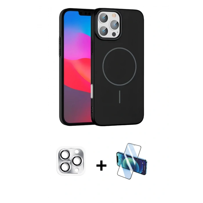 MARSİLYAN™- iPhone 16 Pro Max Kılıf Siluet Doku Özel Seri - Siyah 3D Antistatik Cam Ekran Koruyucu + Pers Alüminyum Kamera Lens - GS