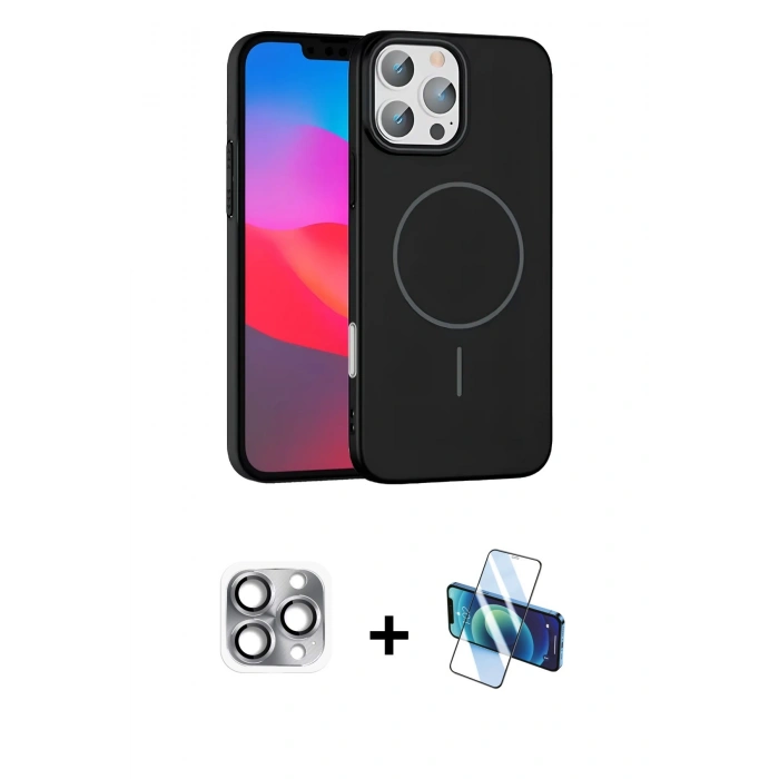 MARSİLYAN™- iPhone 16 Pro Max Kılıf Siluet Doku Özel Seri - Siyah 3D Antistatik Cam Ekran Koruyucu + Pers Alüminyum Kamera Lens - GI