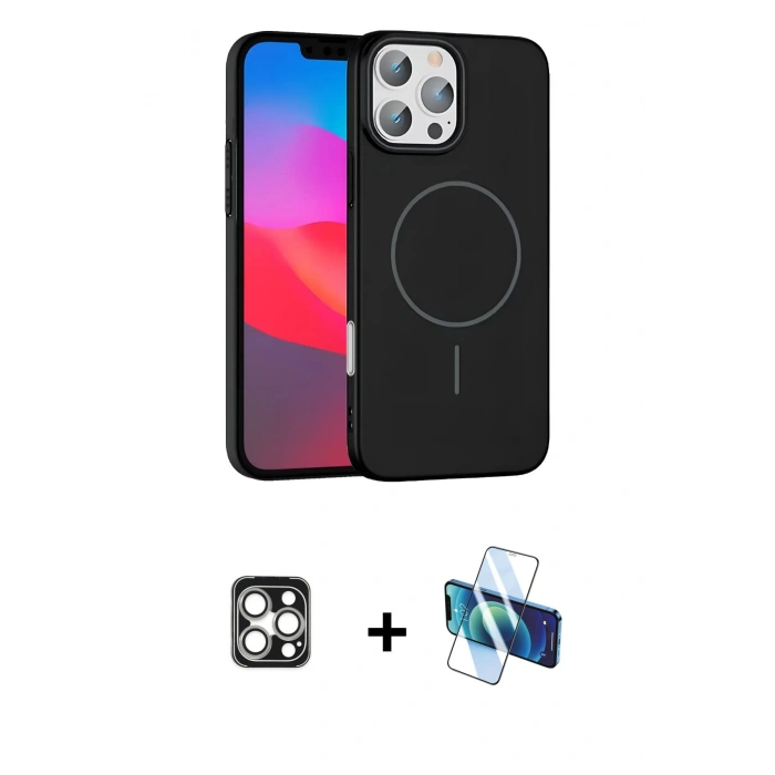 MARSİLYAN™- iPhone 16 Pro Max Kılıf Siluet Doku Özel Seri - Siyah 3D Antistatik Cam Ekran Koruyucu + PVD Metal Kamera Lens - GS