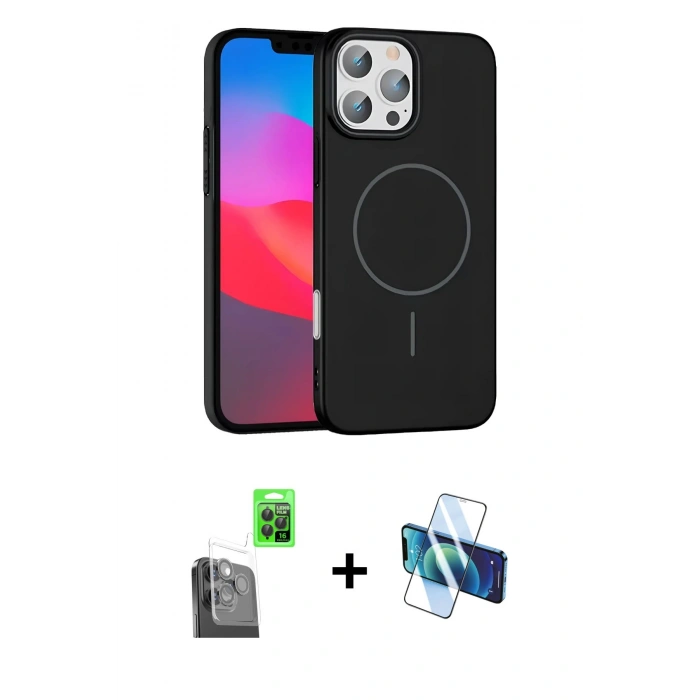 MARSİLYAN™- iPhone 16 Pro Max Kılıf Siluet Doku Özel Seri - Siyah 3D Antistatik Cam Ekran Koruyucu + Raze Metal Kamera Lens - SH