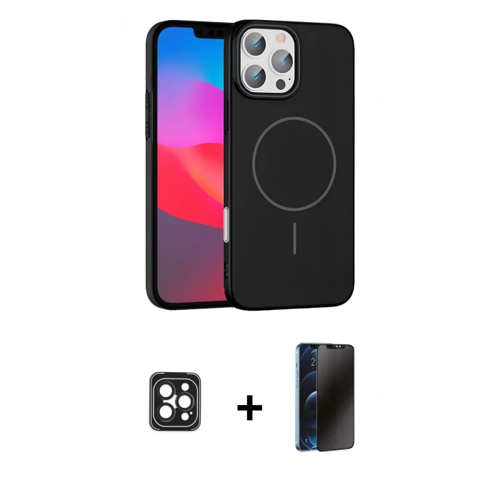 MARSİLYAN™- iPhone 16 Pro Max Kılıf Siluet Doku Özel Seri - Siyah 3D Antistatik Hayalet Cam Ekran Koruyucu + PVD Metal Kamera Lens - SH
