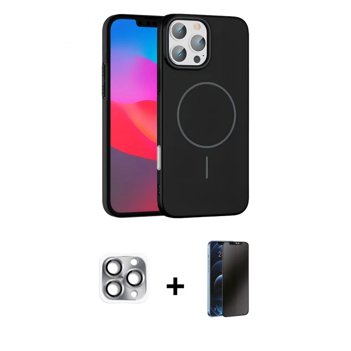 MARSİLYAN™- iPhone 16 Pro Max Kılıf Siluet Doku Özel Seri - Siyah 3D Antistatik Hayalet Cam Ekran Koruyucu + Pers Alüminyum Kamera Lens - GI