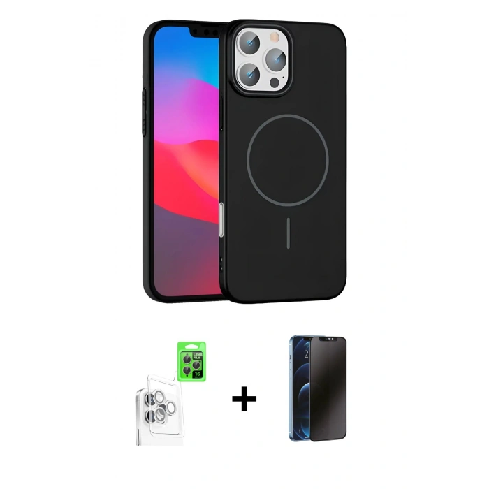MARSİLYAN™- iPhone 16 Pro Max Kılıf Siluet Doku Özel Seri - Siyah 3D Antistatik Hayalet Cam Ekran Koruyucu + Raze Metal Kamera Lens - BZ