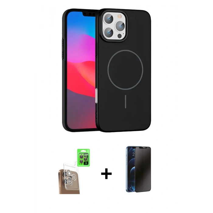 MARSİLYAN™- iPhone 16 Pro Max Kılıf Siluet Doku Özel Seri - Siyah 3D Antistatik Hayalet Cam Ekran Koruyucu + Raze Metal Kamera Lens - CLTM