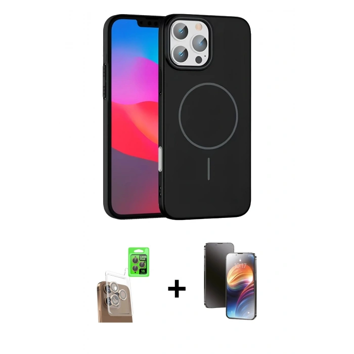 MARSİLYAN™- iPhone 16 Pro Max Kılıf Siluet Doku Özel Seri - Siyah 3D Antistatik Mat Seramik Nano Ekran Koruyucu + Raze Metal Kamera Lens - CLTM