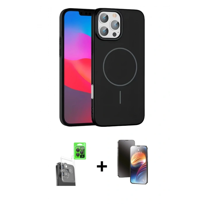 MARSİLYAN™- iPhone 16 Pro Max Kılıf Siluet Doku Özel Seri - Siyah 3D Antistatik Mat Seramik Nano Ekran Koruyucu + Raze Metal Kamera Lens - SH