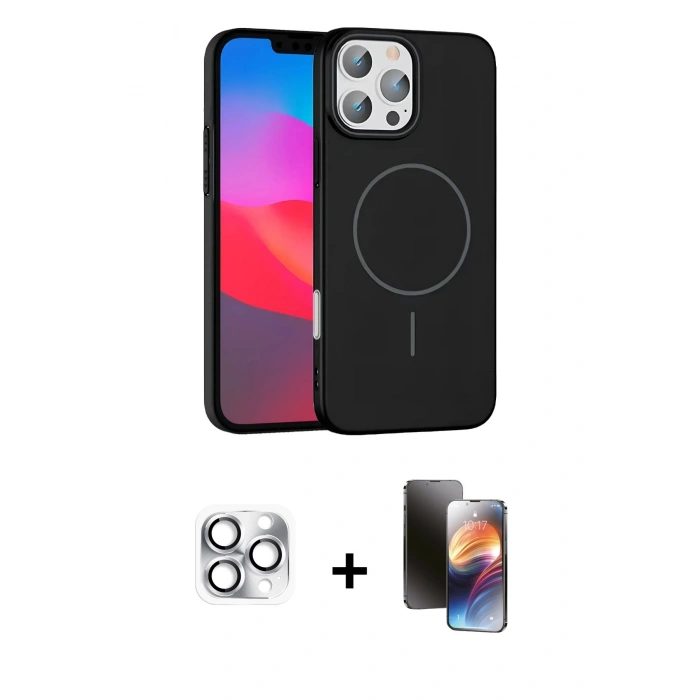 MARSİLYAN™- iPhone 16 Pro Max Kılıf Siluet Doku Özel Seri - Siyah 3D Antistatik Mat Seramik Nano Ekran Koruyucu + Pers Alüminyum Kamera Lens - GS