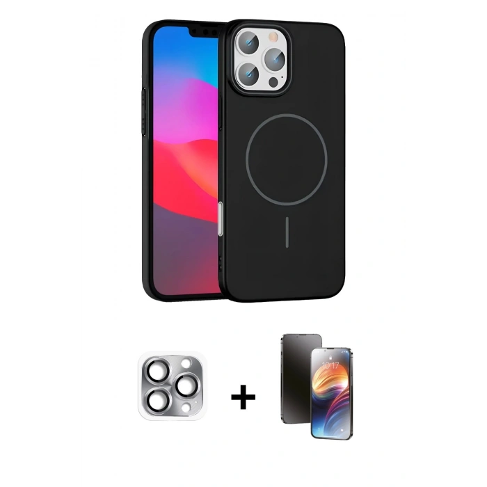 MARSİLYAN™- iPhone 16 Pro Max Kılıf Siluet Doku Özel Seri - Siyah 3D Antistatik Mat Seramik Nano Ekran Koruyucu + Pers Alüminyum Kamera Lens - GI